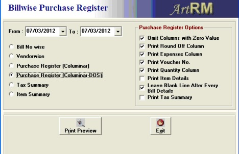 Purchase Register Options